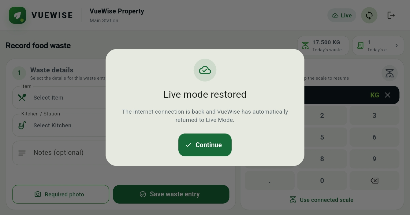 Actual VueWise Live mode restored message confirming the internet is back and VueWise has automatically returned to Live Mode
