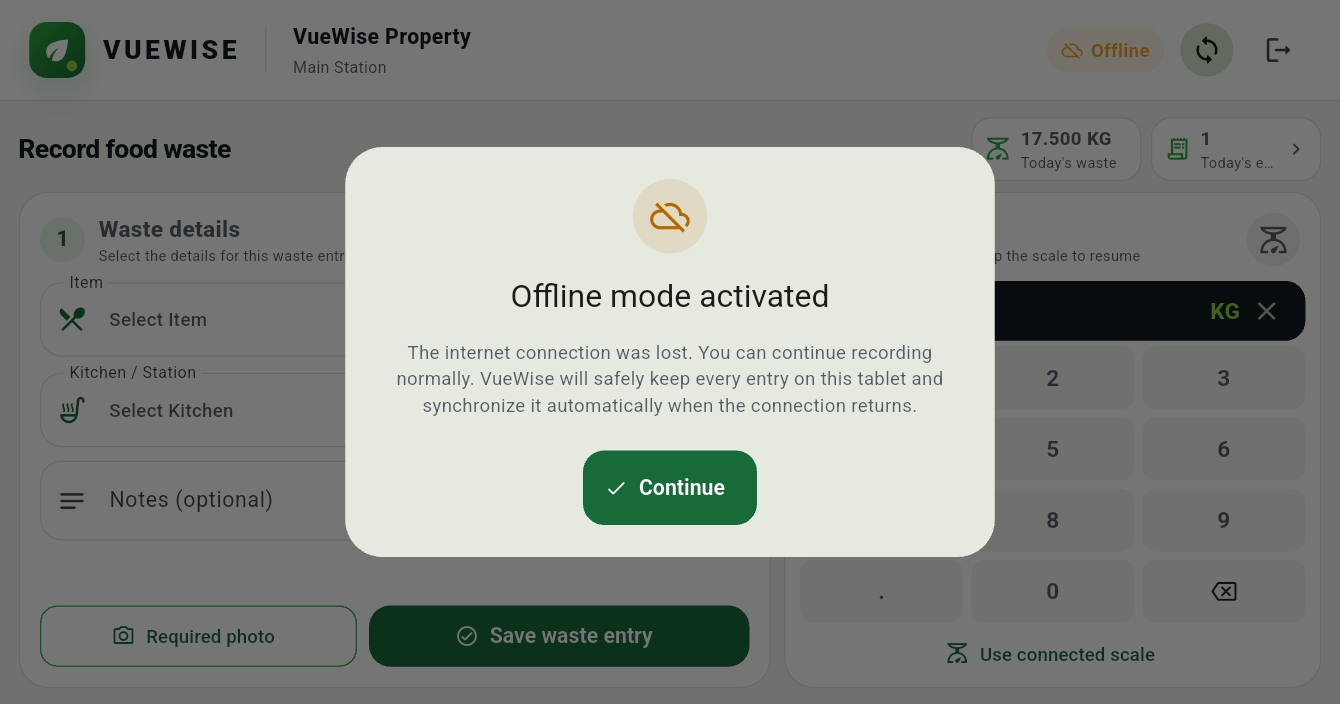 Actual VueWise Offline mode activated message: continue recording normally; entries are kept on the tablet and synchronized automatically when the connection returns